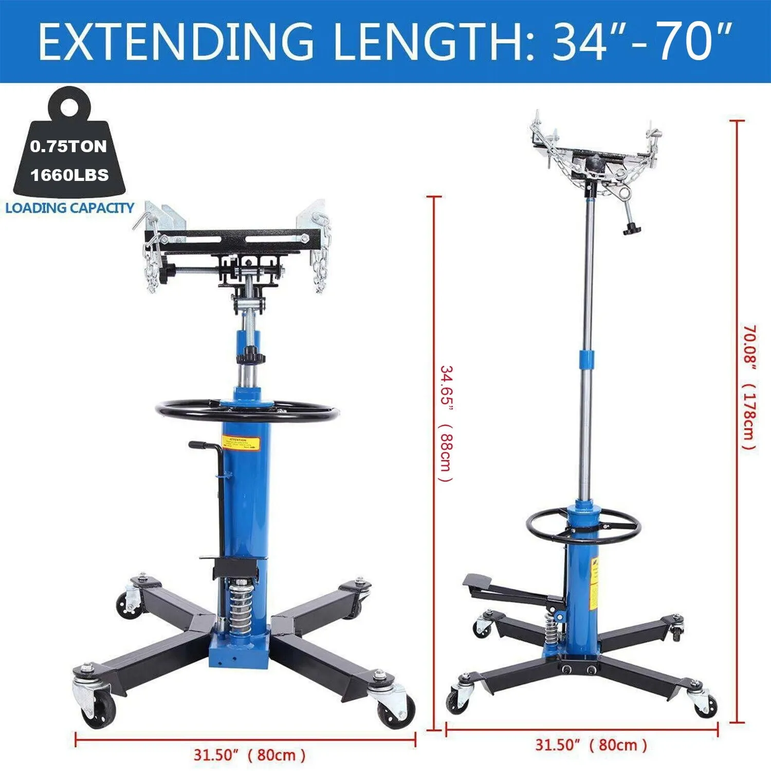 1660 Pounds Hydraulic Car Transmission Jack Vertical Lift with 360° Swivel Wheel Pedal ,Blue,33