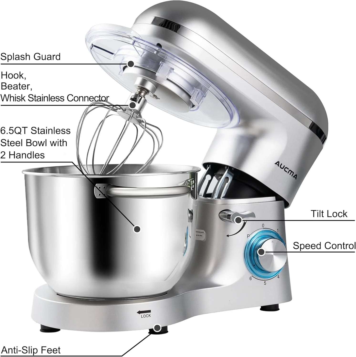 Aucma Stand Mixer,6.5-QT 660W 6-Speed Tilt-Head Food Mixer, Kitchen Electric Mixer with Dough Hook