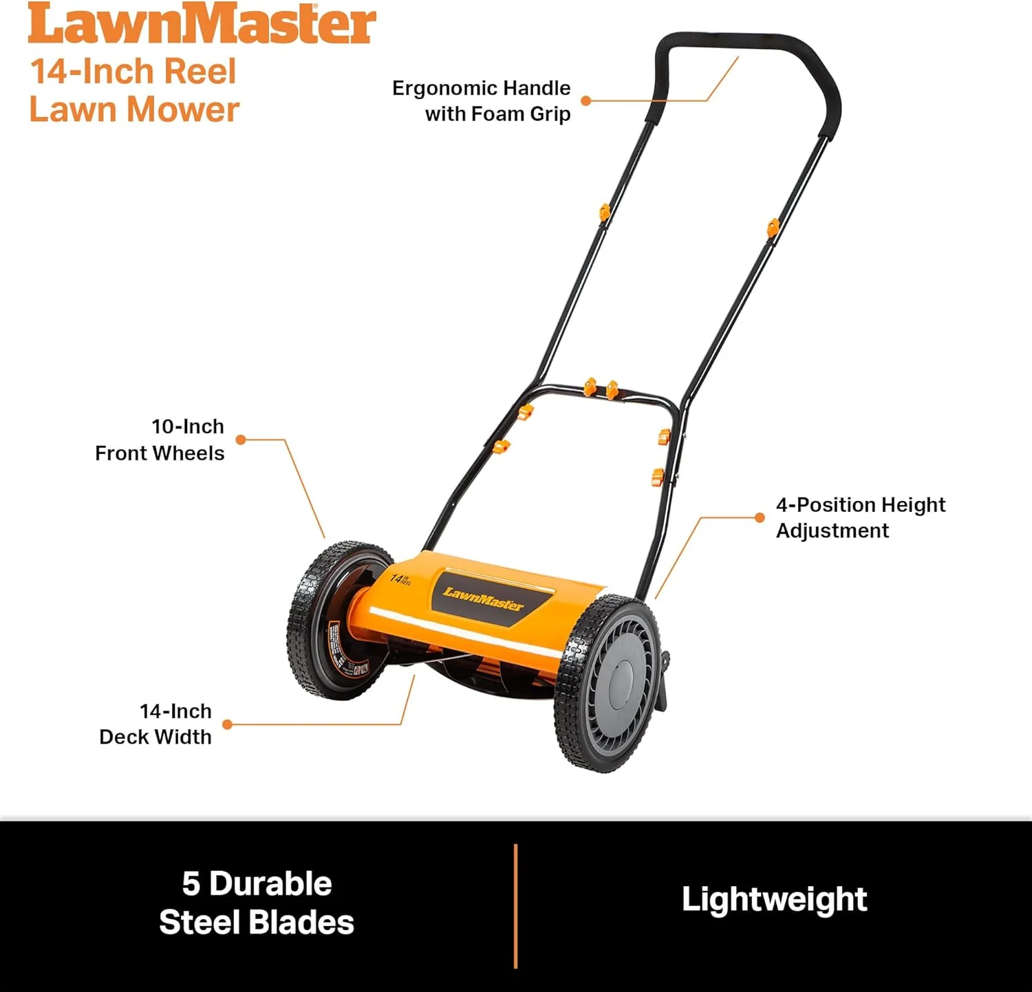 LawnMaster LMRM1801 Push Reel Lawn Mower 18-Inch 5-Blade