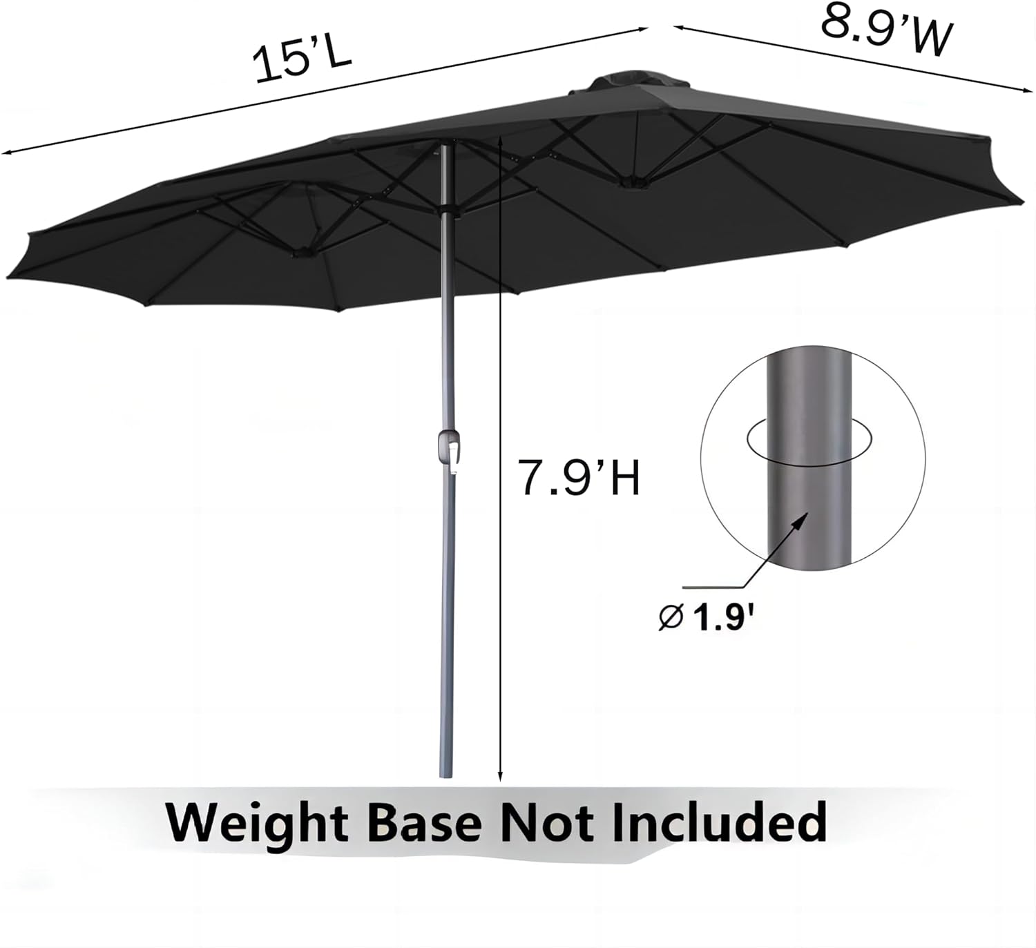 15ft Patio Umbrella with Solar Lights, Large Double Umbrella Outdoor, Rectangle 180''x106'' Umbrellas with 156 PCS LED Lights and Crank Handle for Backyard Deck Pool Shade in Black(1.9