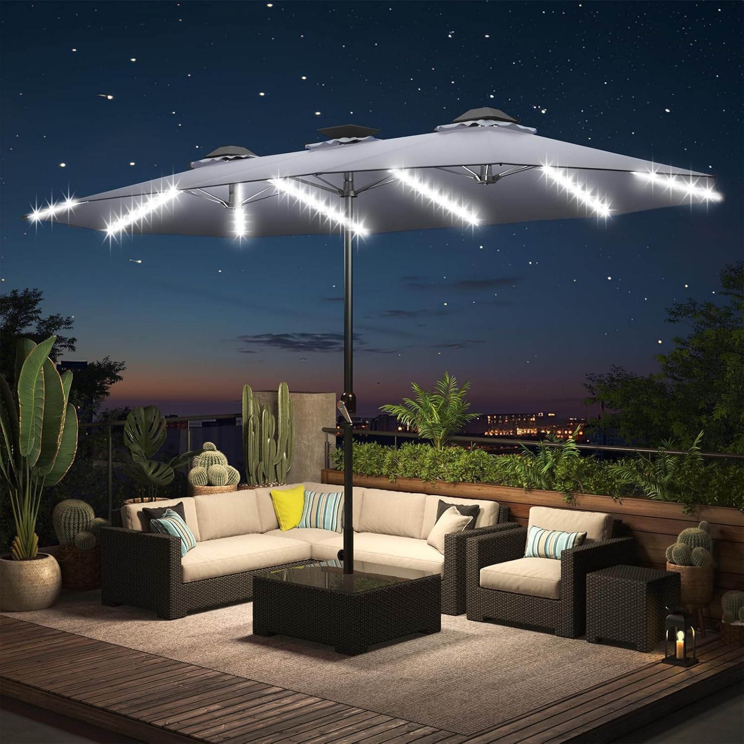 15ft Patio Umbrella with Solar Lights, Large Double Umbrella Outdoor, Rectangle 180''x106'' Umbrellas with 156 PCS LED Lights and Crank Handle for Backyard Deck Pool Shade in Black(1.9