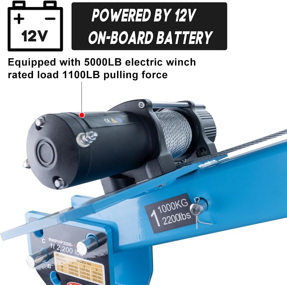 Pismire Winch Versatile 0.5T Folding Truck-Mounted Bed Crane Hoist Lift Pickup with Electric Winch 3500 lb 12V, Painted Steel 1100 lb Pickup 360° Swivel Base