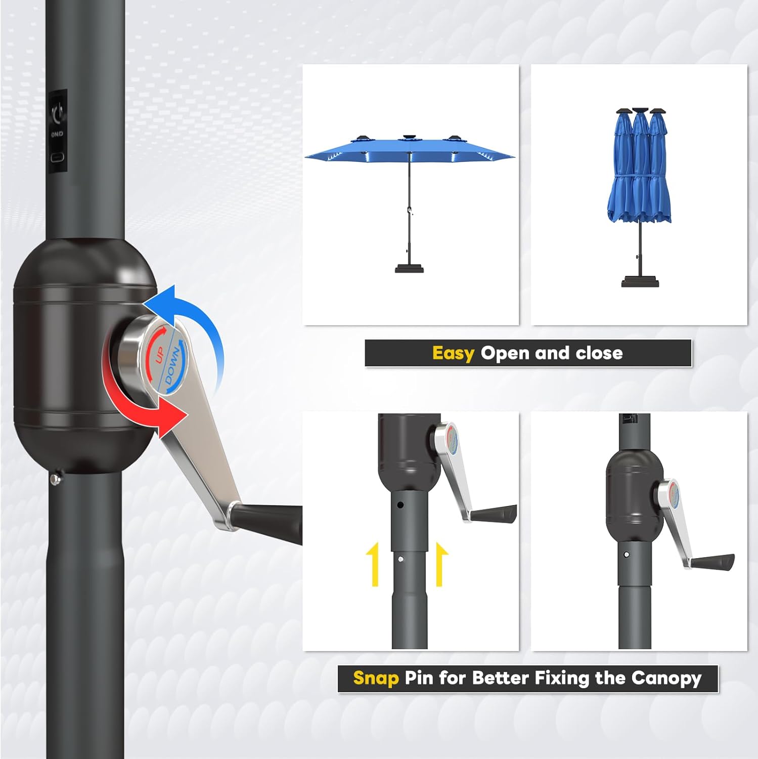 15ft Patio Umbrella with Solar Lights, Large Double Umbrella Outdoor, Rectangle 180''x106'' Umbrellas with 156 PCS LED Lights and Crank Handle for Backyard Deck Pool Shade in Black(1.9