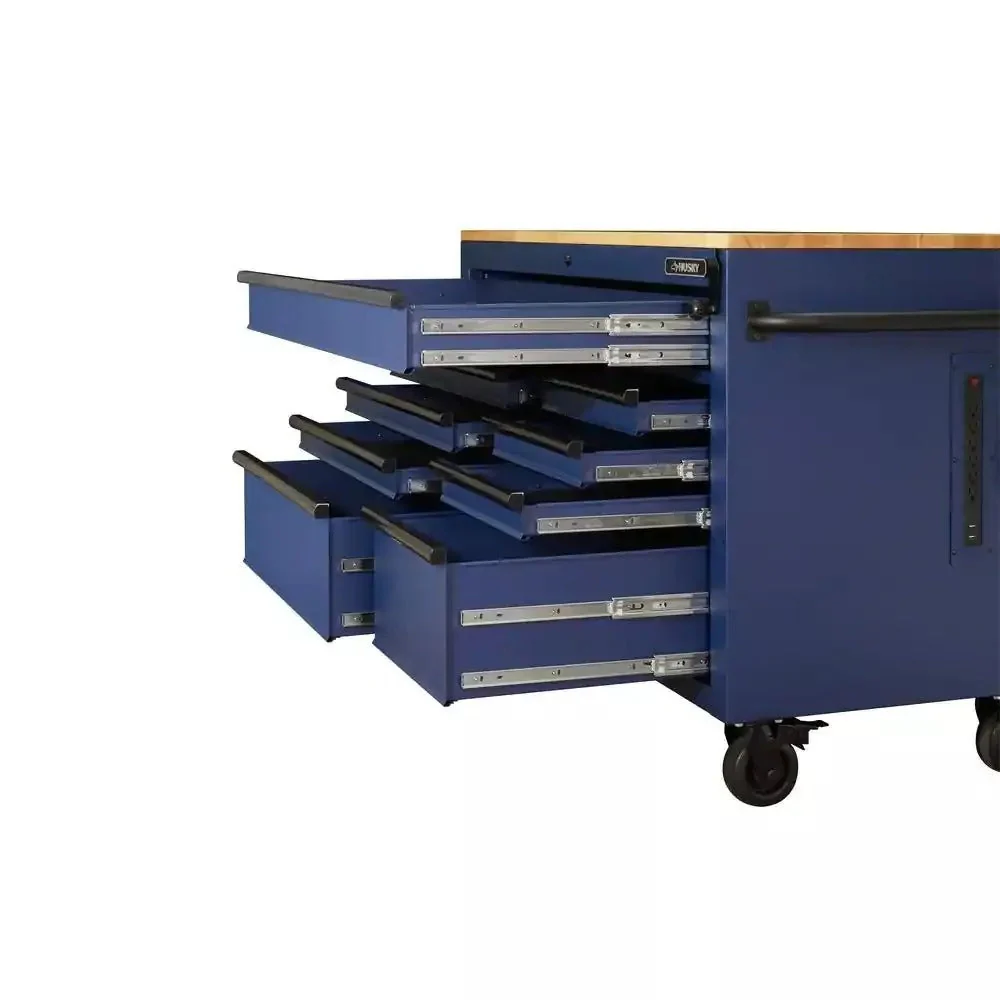 2025 Heavy-Duty 52 in. 9-Drawer Mobile Workbench with Adjustable-Height Solid Wood Top in Matte Blue