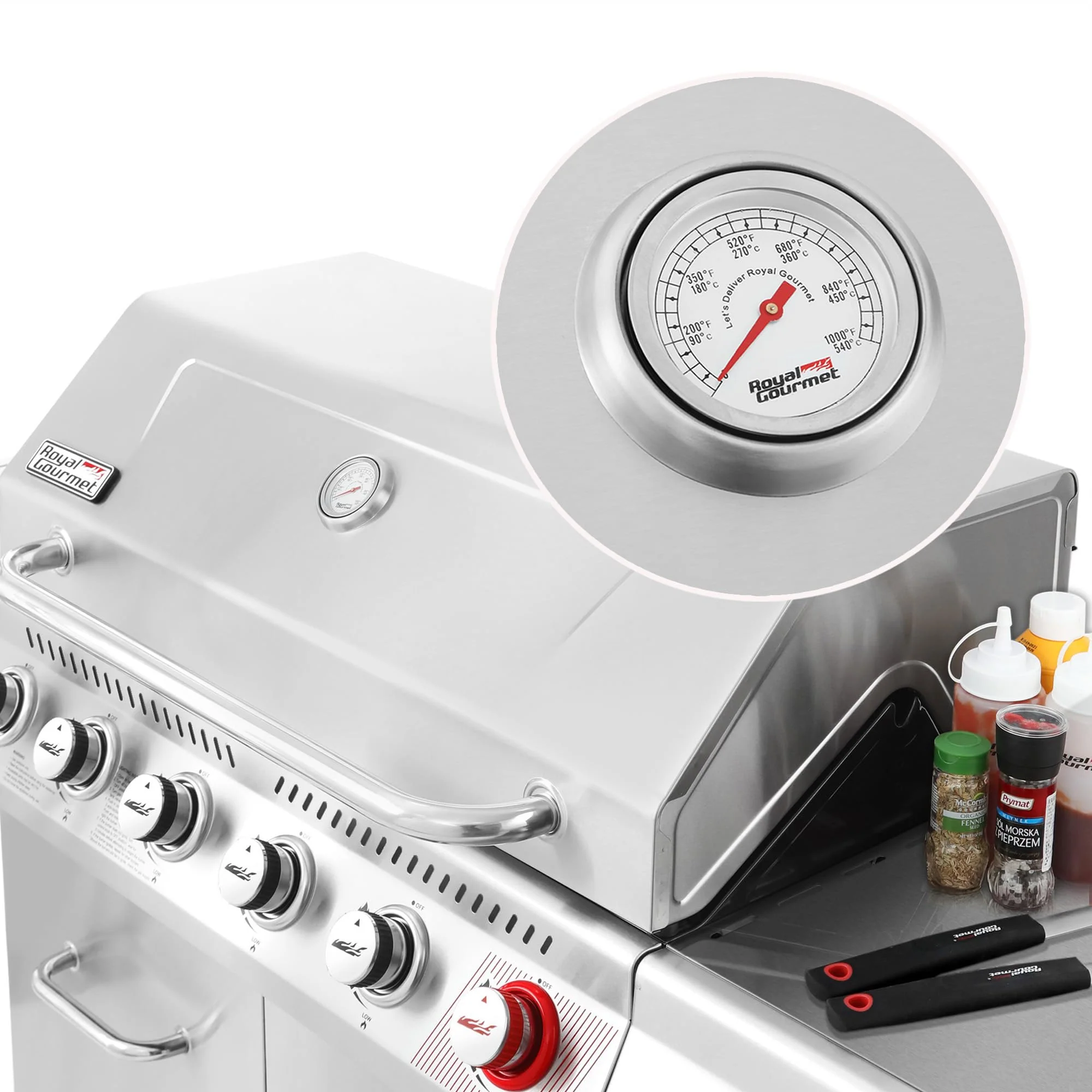 Stainless Steel Gas Grill, Premier 6-Burner Propane Grill with Sear Burner and Side Burner, 74,000 BTU, Cabinet Style, Outdoor BBQ Party Grill, Silver