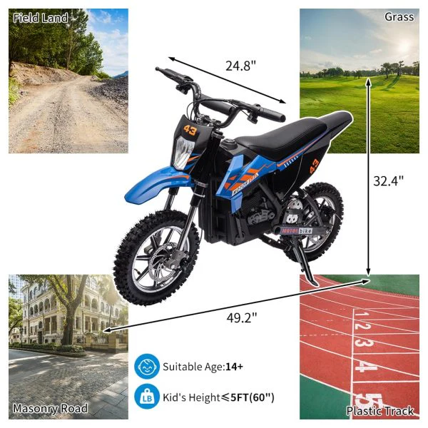 36V Kids Electric Dirt Bike, 36V, 350W, 15.5MPH, LED, 175lbs Max – Blue