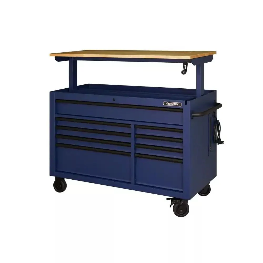 2025 Heavy-Duty 52 in. 9-Drawer Mobile Workbench with Adjustable-Height Solid Wood Top in Matte Blue