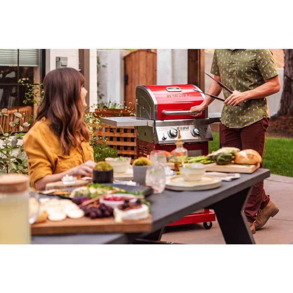 2-Burner Propane Gas Grill, Red – Stainless Steel, 28,000 BTUs, Compact Design
