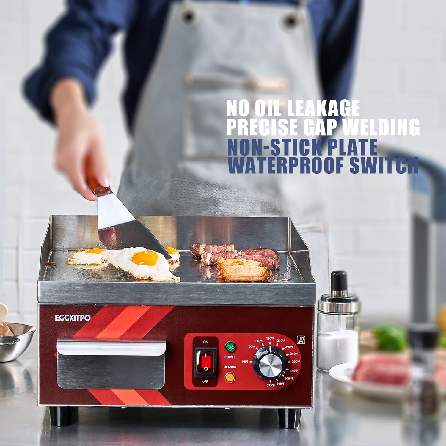 14 Inch Electric Griddle, Non-Stick Flat Top Grill Commercial Electric Countertop Griddles Stainless Steel Adjustable Temperature Control 90°F-575°F for Home or Restaurant Use