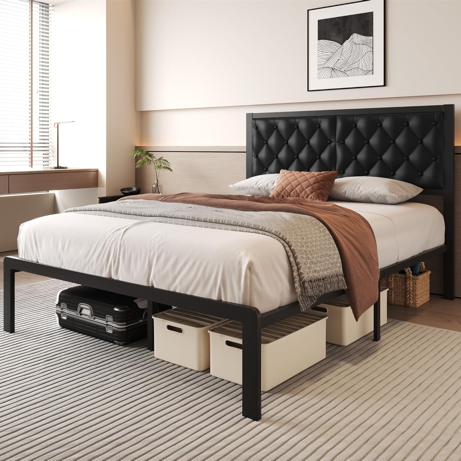 Queen Bed Frame with Headboard PU Leather Upholstered Bed
