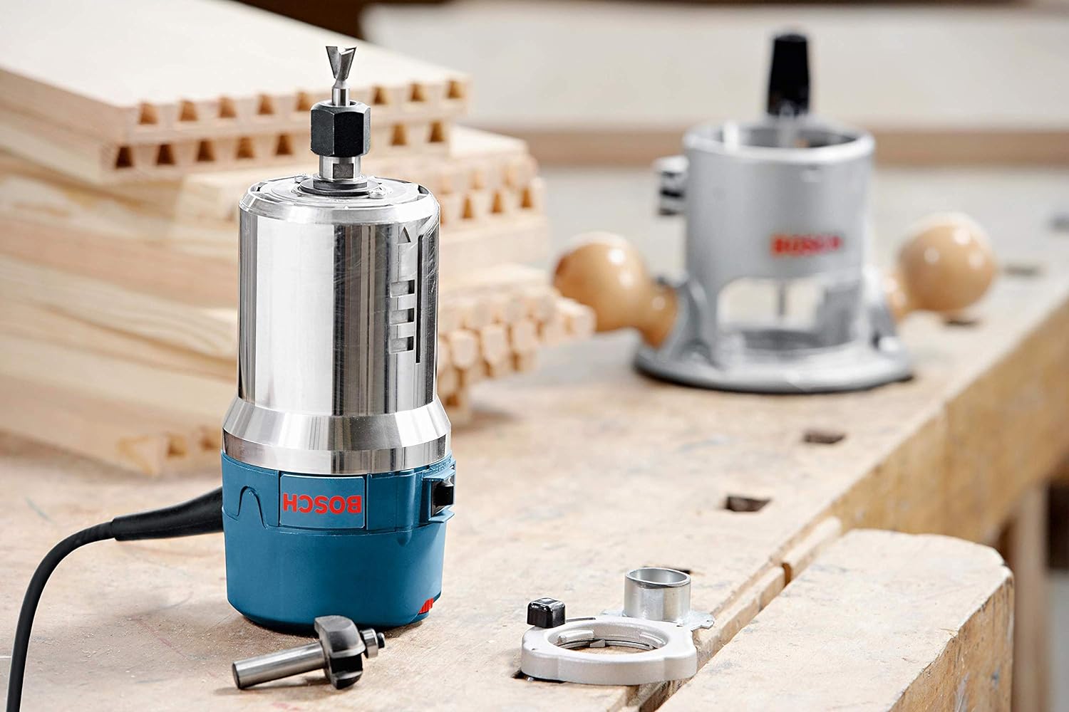 BOSCH 1617EVSPK Wood 12 Amp Router Tool Combo Kit – 2.25 Horsepower Plunge Router & Fixed Base with a Variable Speed