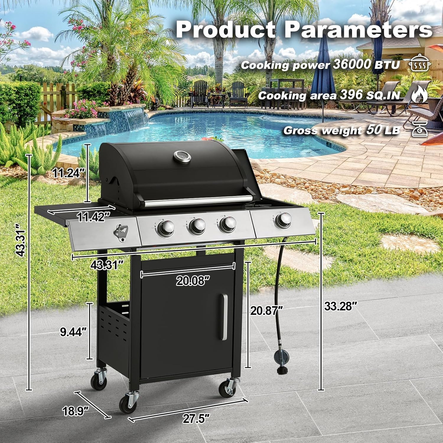 Upgraded 4 Burner BBQ Propane Gas Grill with Cast Iron Grates & Side Stove, 44,000 BTU Stainless Steel Burner Barbecue Grill for Patio, Camping, Outdoor Cooking.