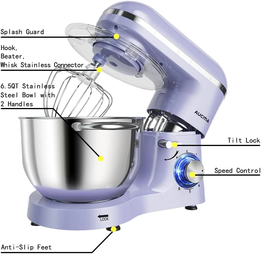 Aucma Stand Mixer,6.5-QT 660W 6-Speed Tilt-Head Food Mixer, Kitchen Electric Mixer with Dough Hook
