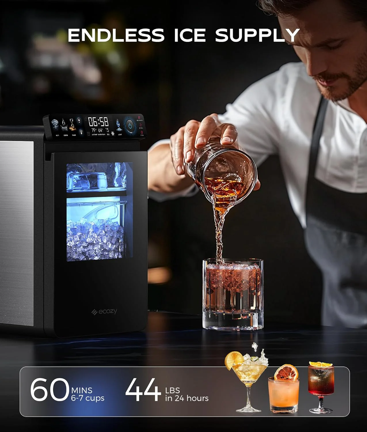 Nugget Ice Maker Countertop, Smart Pebble Ice Machine with APP Control, 44 lbs/24H Soft Pellet Chewable Ice with Self-Cleaning, Stainless Steel.