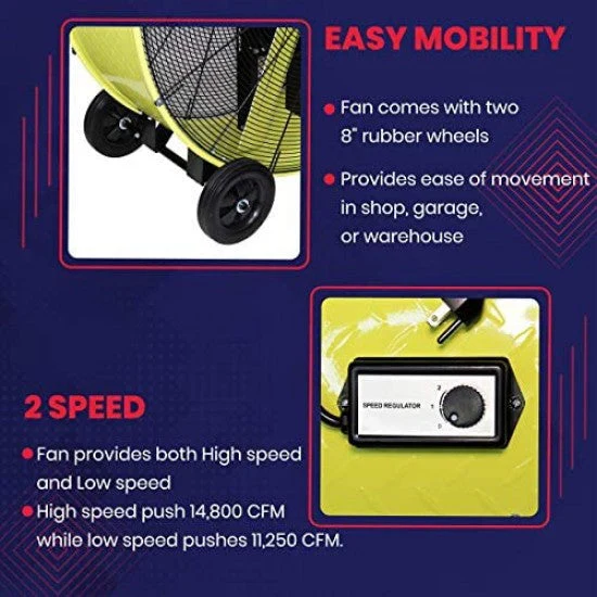 2025 K Tool International 42′′ Belt Drive Drum Fan; Industrial, Garage, Shop, High Speed 2-Speed, Durable, Cut-Off Protection, Easy Mobility Rubber Wheels; SAFETY YELLOW KTI77743