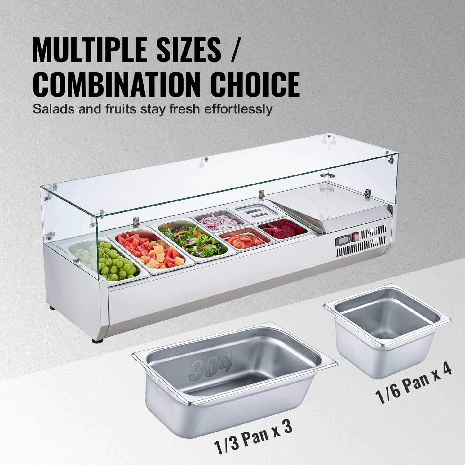 Refrigerated Condiment Prep Station, 135 W Countertop Refrigerated Condiment Station, with 2 1/3 Pans & 4 1/6 Pans, 304 Stainless Body and PC Lid, Sandwich Prep Table with Stainless Guard, ETL