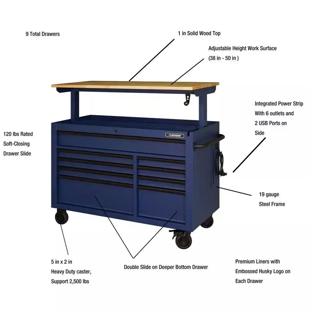 2025 Heavy-Duty 52 in. 9-Drawer Mobile Workbench with Adjustable-Height Solid Wood Top in Matte Blue