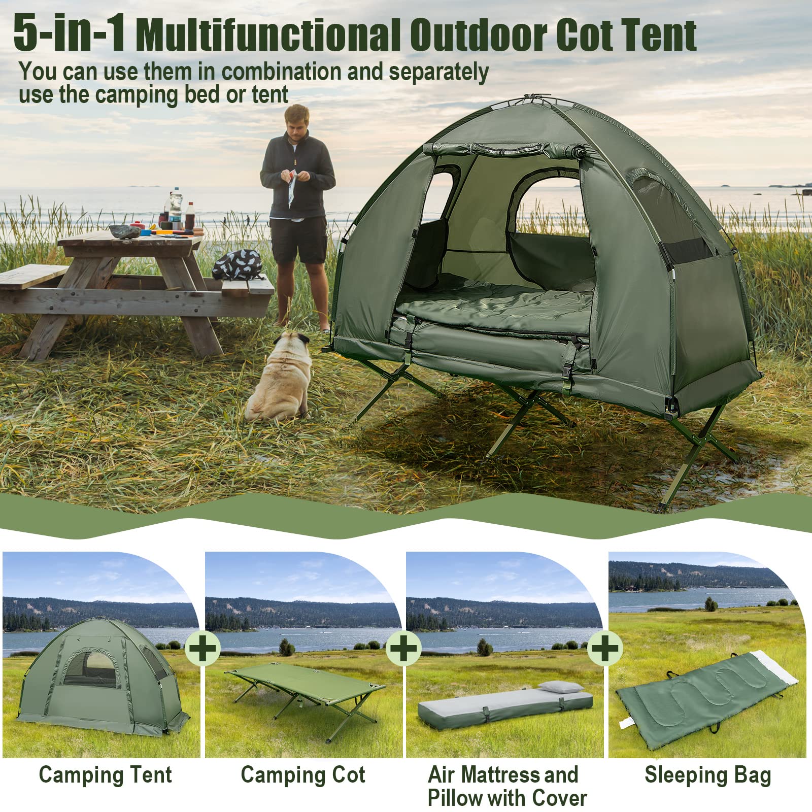 2025 Camping Tent Cot, 5-in-1 Folding Camping Bed with Air Mattress, Pillow, Sleeping Bag