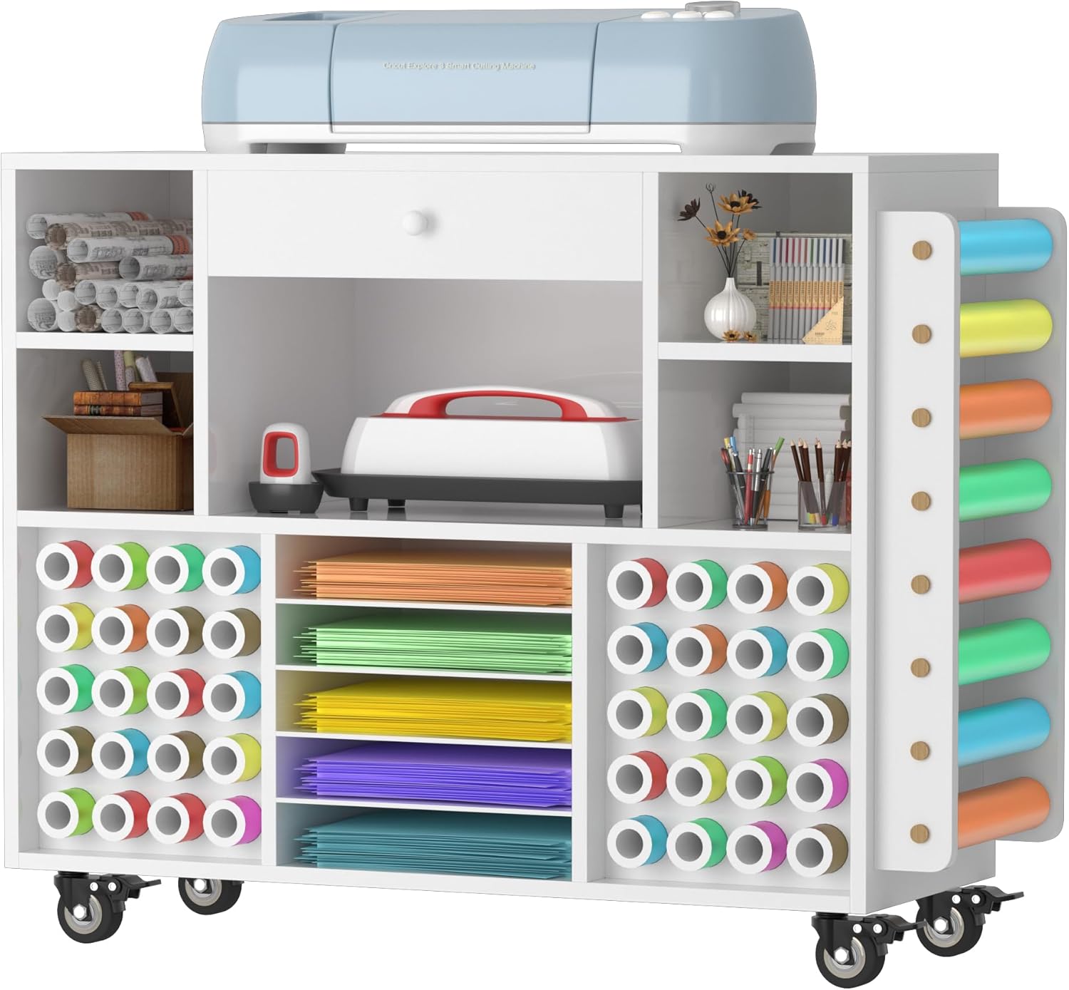 2025 Craft organization and storage Cart Compatible with Cricut Machine, Rolling Craft Organizer With large drawer & 48 Vinyl Roll Holder, Crafting Cabinet Table Workstation for Craft Room Home
