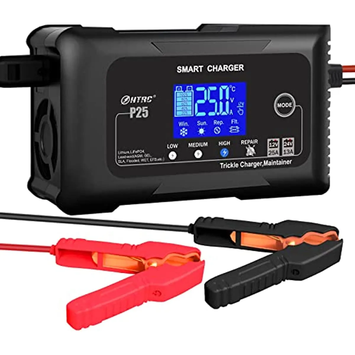 25-Amp Smart Battery Charger,Lithium,LiFePO4,Lead-Acid AGM/Gel/SLA.. Car Battery Charger,Trickle Charger, Maintainer/deep Cycle Charger,12V/25A and 24V/13A,for Motorcy,Boat,Lawn Mower,Golf cart..