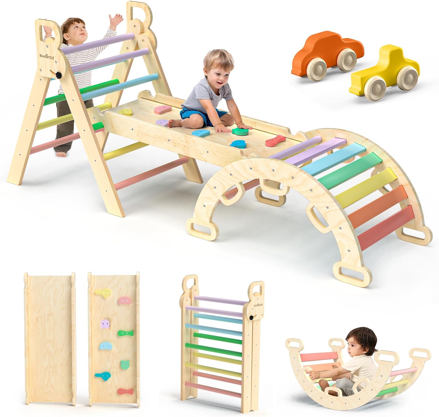 Triangle Set 7in1 Foldable Baby Climbing Toys Wooden Montessori Climbing Set with Arch&Ramp&Ladder Baby Climber Indoor Jungle Gyms for Toddlers Montessori Toys - Rainbow