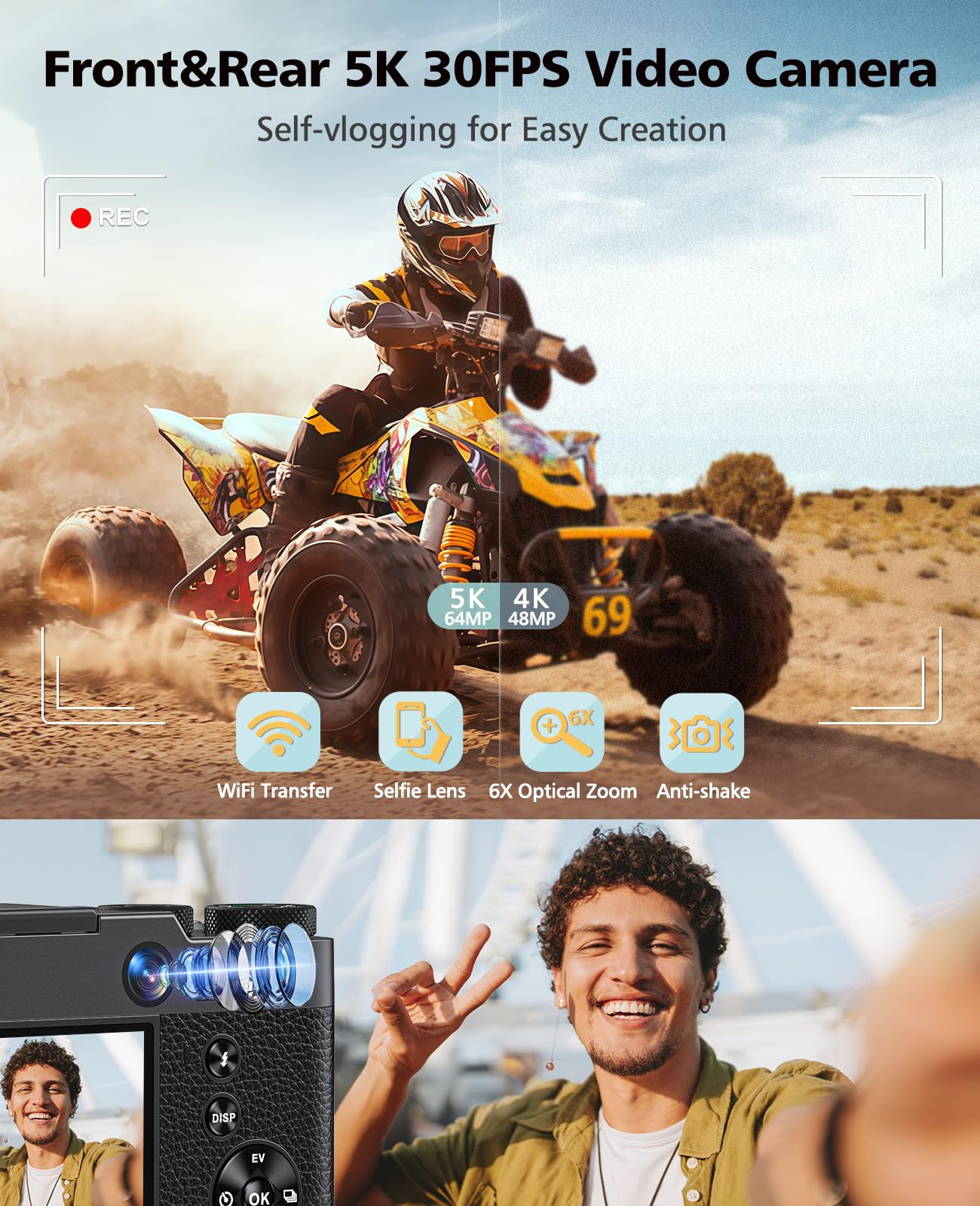 ToAuite Digital Camera, 6X Optical Zoom & WiFi, 5K 30FPS 64MP Vlogging Camera