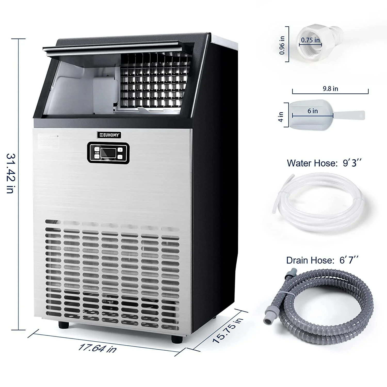 2025 Euhomy Commercial Ice Machine, 2 Way Water Supply 100lbs/24H Stainless Steel Under Counter ice Machine with 33lbs Capacity