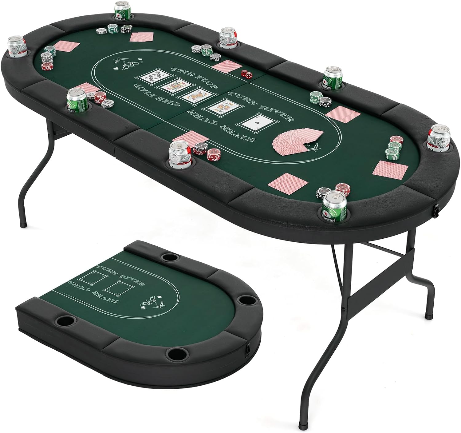 72” Poker Table Foldable, 8 Players Card Board Game Table w/Deep Metal Cup Holders