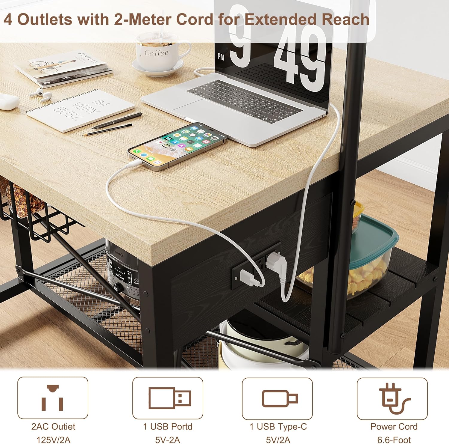 Kitchen Island, Kitchen Island with Storage, Bakers Rack, Island Table for Kitchen, Bakers Rack with Storage, Large Kitchen Island Table, Coffee Bar Table with Shelf,5 Racks,Pear Wood White