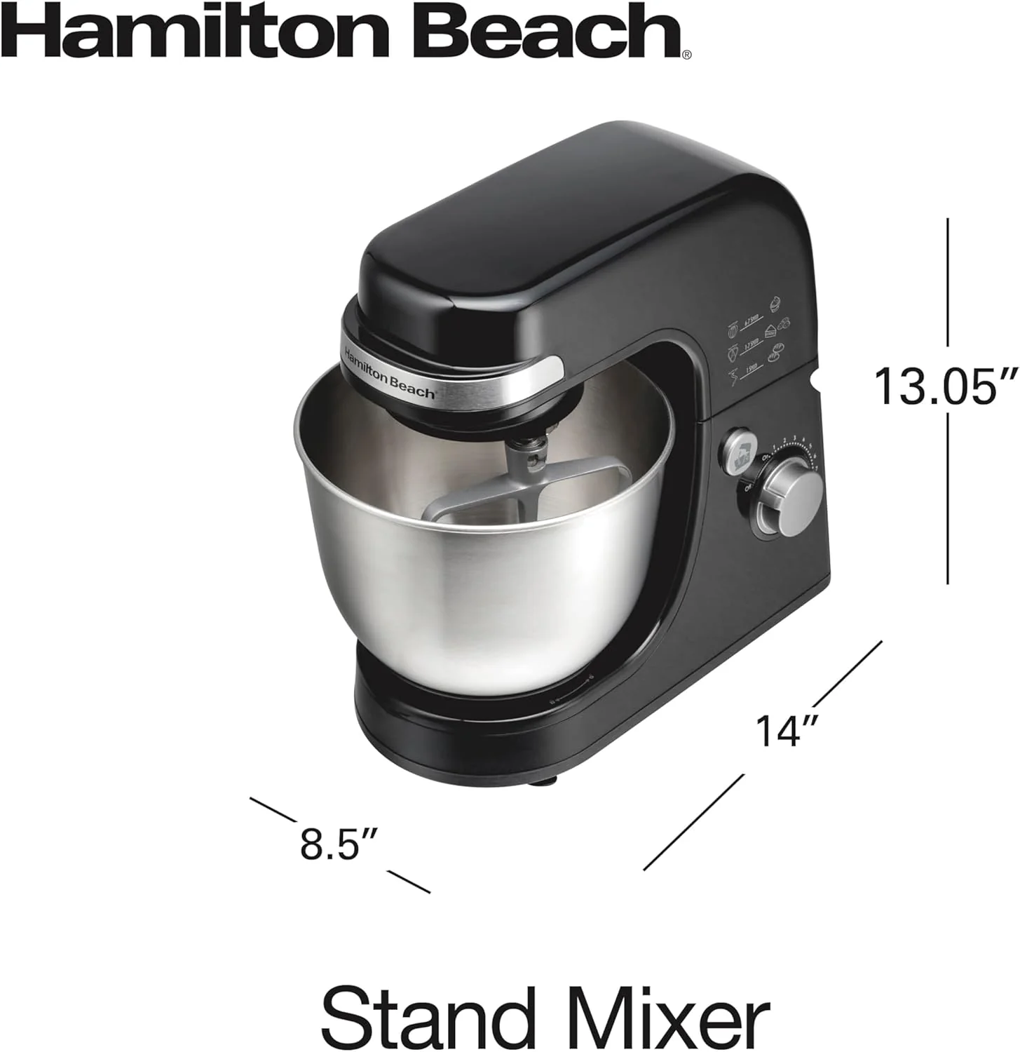 Hamilton Beach Electric Stand Mixer, 4 Quarts, Dough Hook, Flat Beater Attachments, Splash Guard 7 Speeds with Whisk, Black