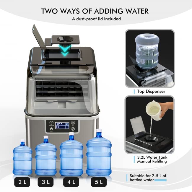 Countertop Ice Maker Machine, 45 Lbs/24H, 24 Pcs/13 Mins, 2 Ways to Add Water