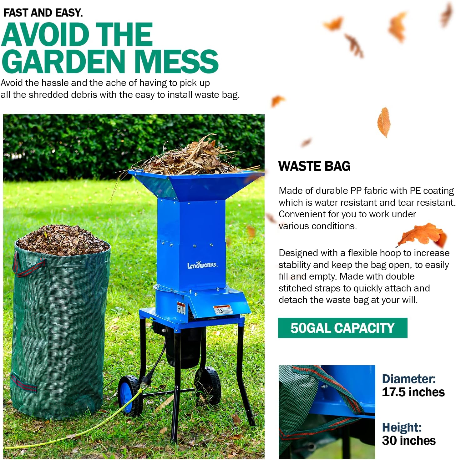 Landworks Leaf Mulcher Shredder Electric Green and Waste Management Heavy Duty 120V AC 11