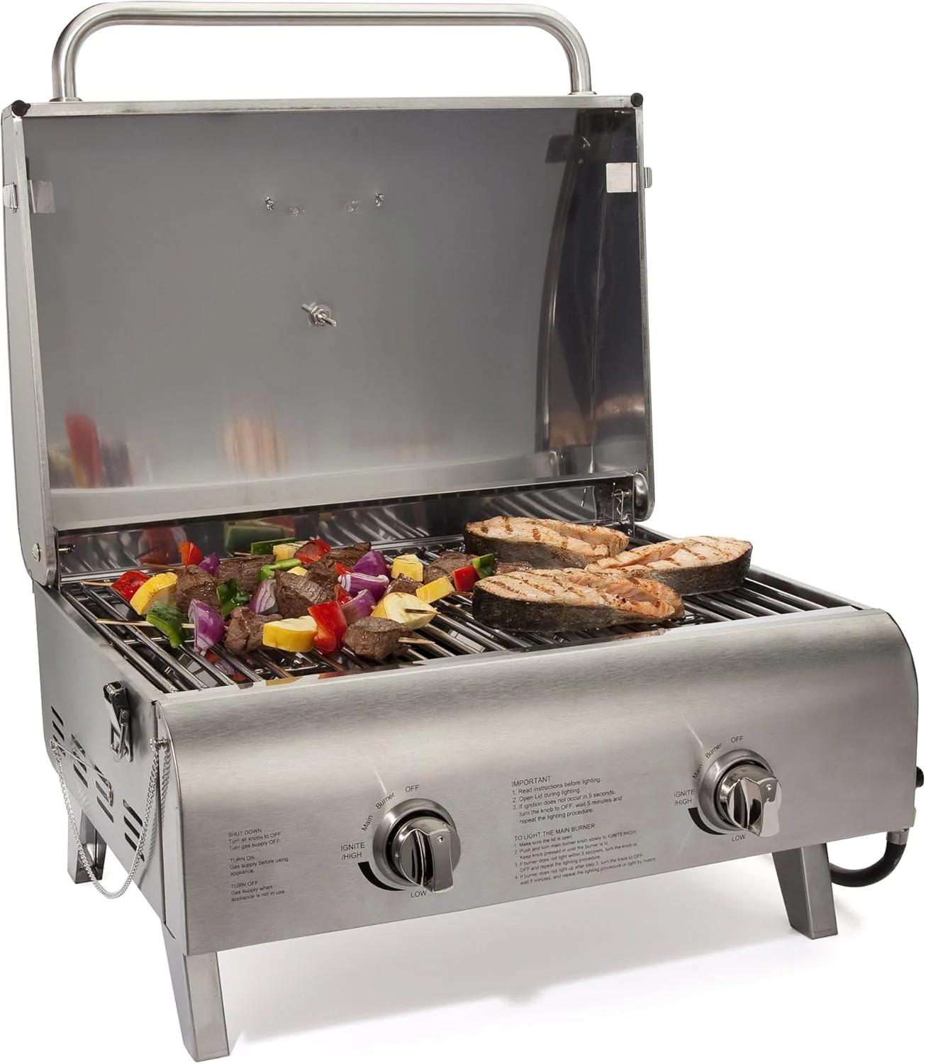 Chef's Style Tabletop Portable Propane Gas Grill with Dual Burners (20,000 BTUs Total), Twist-Start Ignition Stainless Steel BBQ Grill for Camping, Tailgates, BBQ, Hassle-Free Setup
