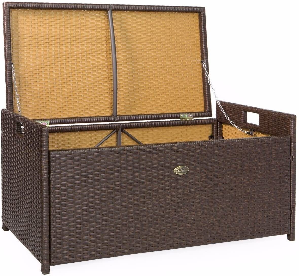 Outdoor Storage Bench Rattan Style Deck Box Wicker Patio Furniture Water Resistance w/Seat Cushion, 60-Gallon, Brown