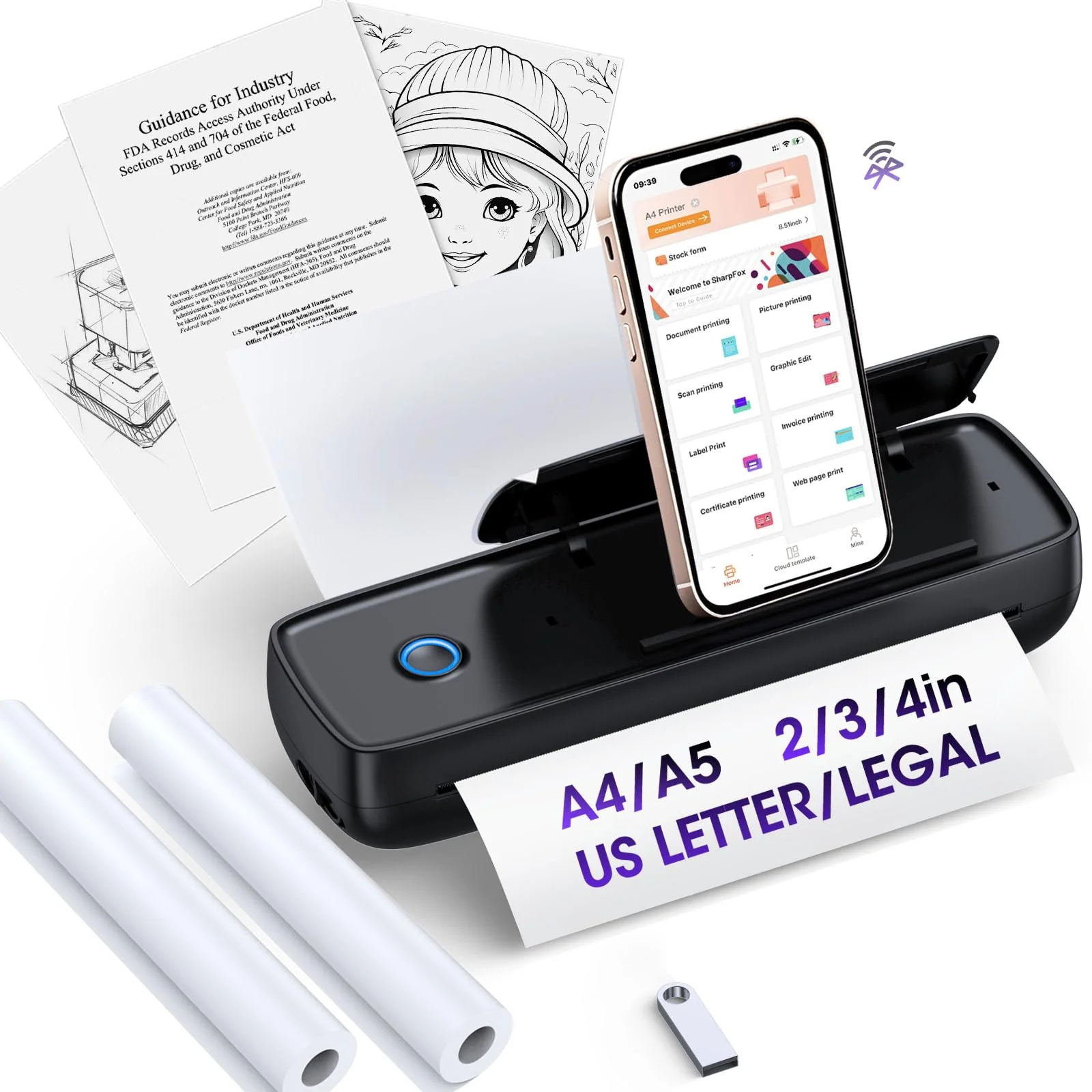 GUTHERREN Inkless Portable Printer Wireless for Travel