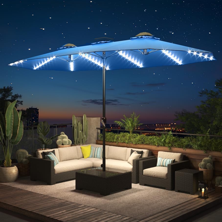 15ft Patio Umbrella with Solar Lights, Large Double Umbrella Outdoor, Rectangle 180''x106'' Umbrellas with 156 PCS LED Lights and Crank Handle for Backyard Deck Pool Shade in Black(1.9