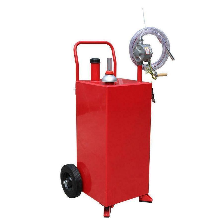 30 Gallon Red Gas Caddy Tank Gasoline Fluid Diesel w Rotary Pump and Hose