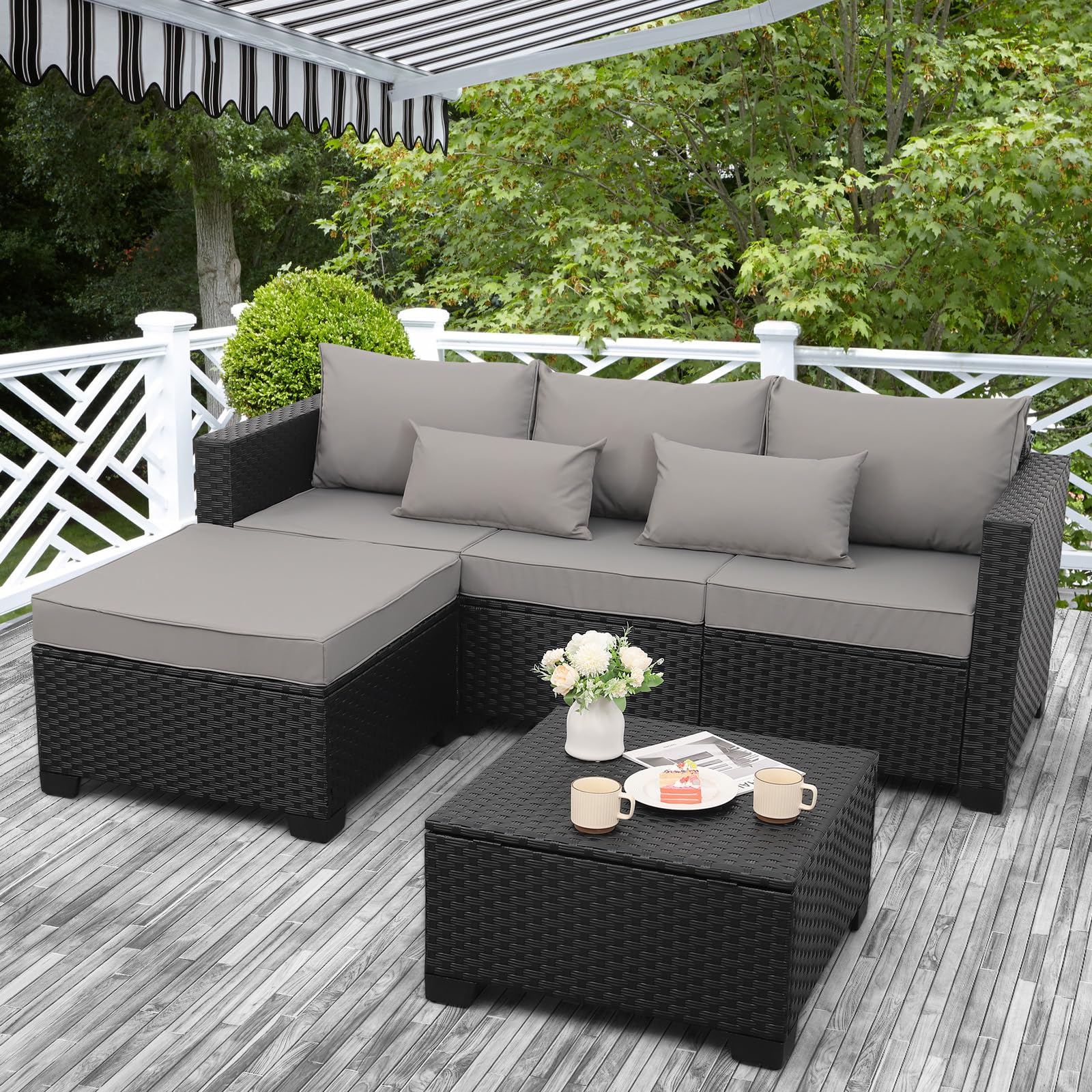 3 Pieces Patio Furniture Set with Ottoman and Outdoor Storage Table