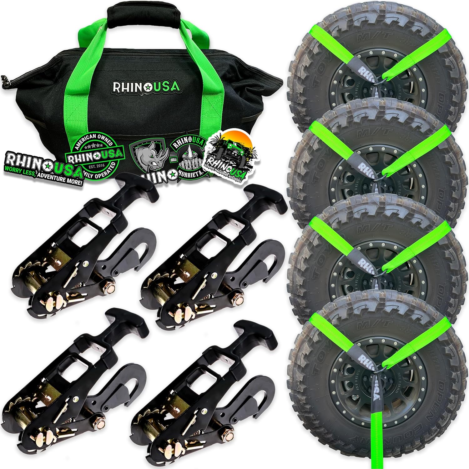 Car Tie Down Straps for Trailers with Flat Hooks (4-Pack) - 2 Inch x 8 Feet (10,000lb Break Strength) - Heavy Duty T-Handle Car Lasso Tire Straps for Trailer & UTV - Black