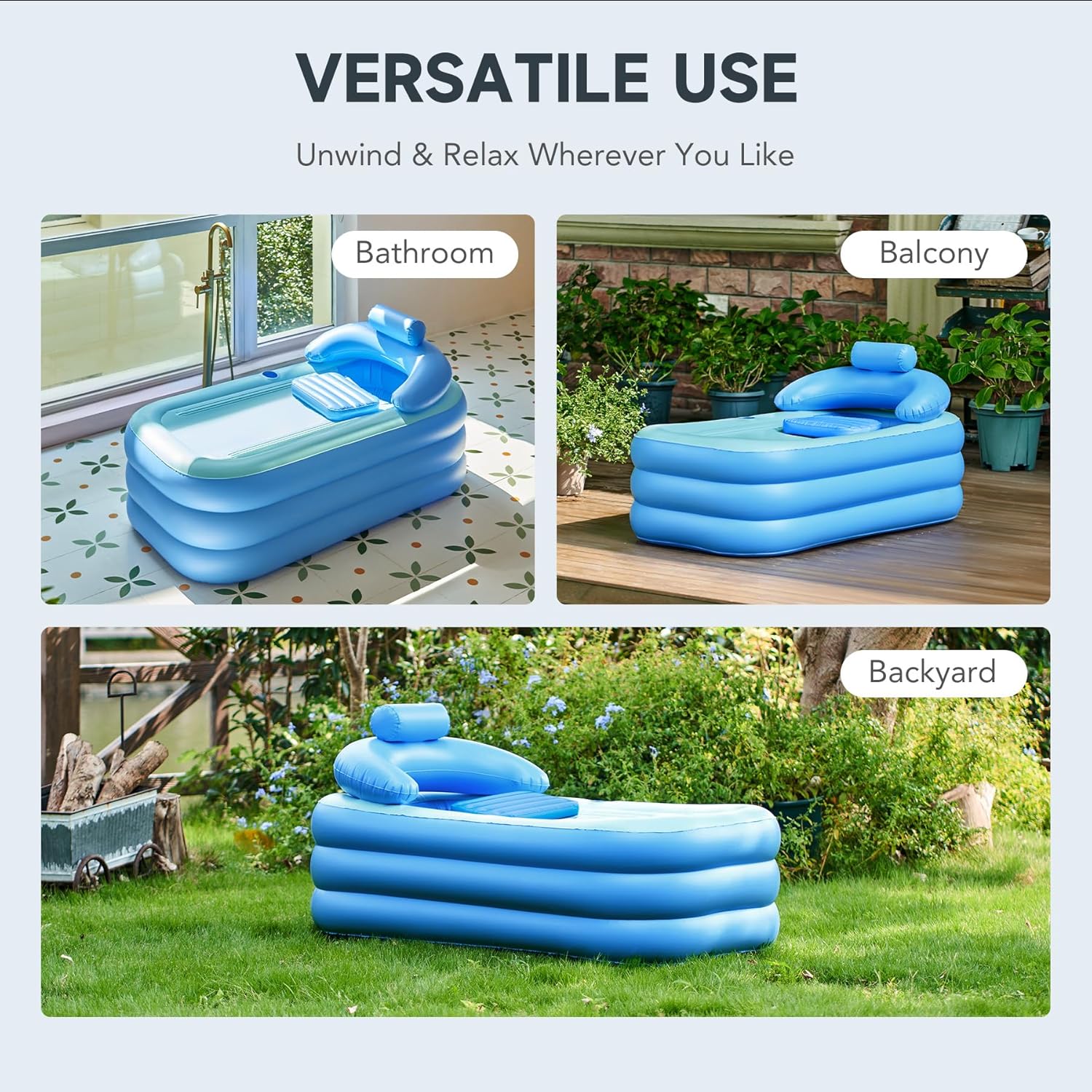Inflatable Adult Bath Tub, Free-Standing Blow Up Bathtub with Foldable Portable Feature for Adult Spa with Electric Air Pump (High-Density PVC)