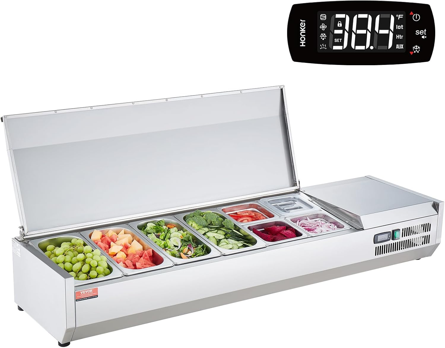 Refrigerated Condiment Prep Station, 135 W Countertop Refrigerated Condiment Station, with 2 1/3 Pans & 4 1/6 Pans, 304 Stainless Body and PC Lid, Sandwich Prep Table with Stainless Guard, ETL