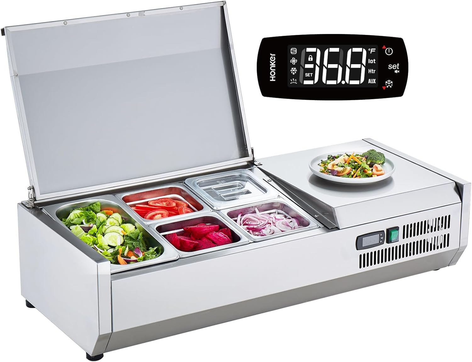 Refrigerated Condiment Prep Station, 135 W Countertop Refrigerated Condiment Station, with 2 1/3 Pans & 4 1/6 Pans, 304 Stainless Body and PC Lid, Sandwich Prep Table with Stainless Guard, ETL