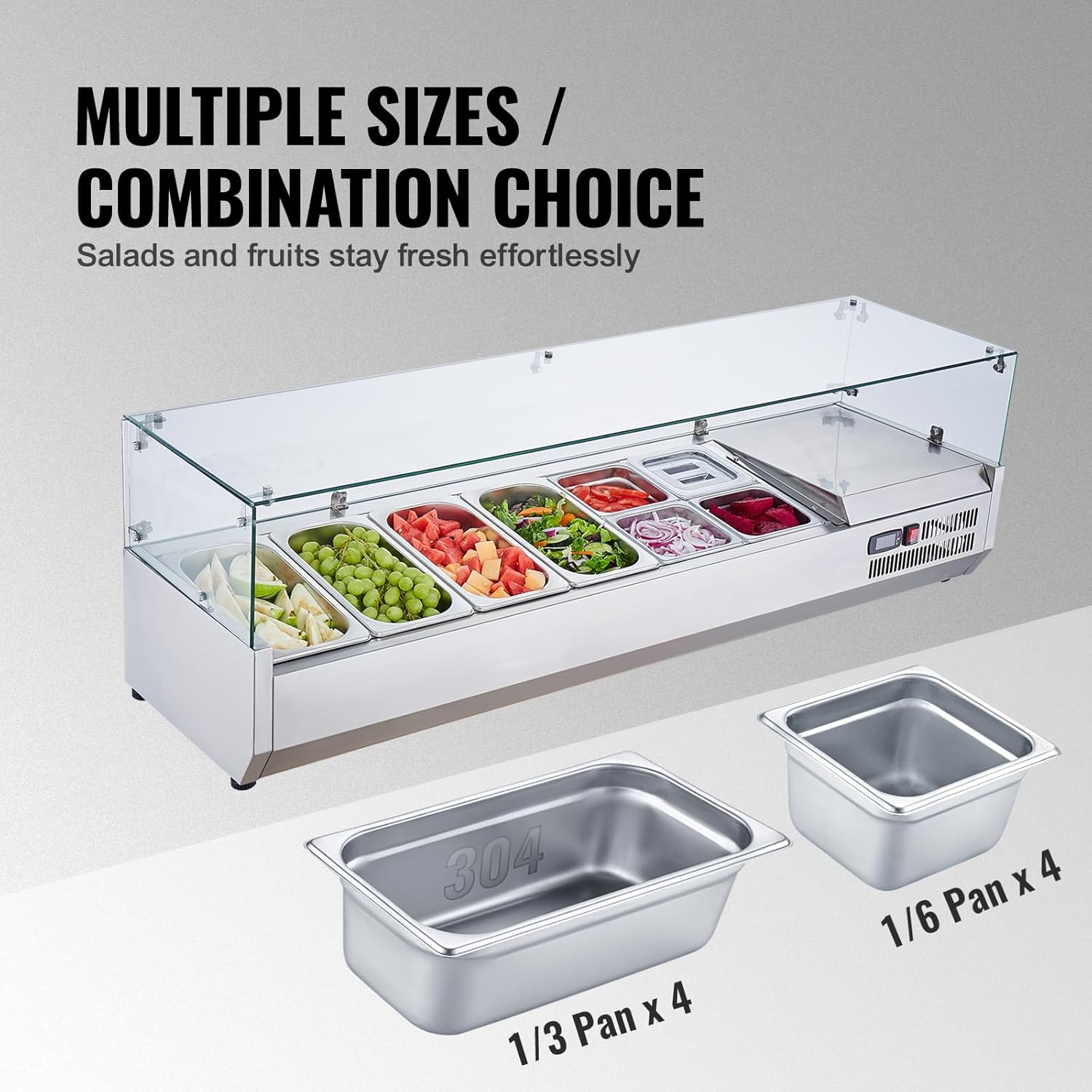 Refrigerated Condiment Prep Station, 135 W Countertop Refrigerated Condiment Station, with 2 1/3 Pans & 4 1/6 Pans, 304 Stainless Body and PC Lid, Sandwich Prep Table with Stainless Guard, ETL
