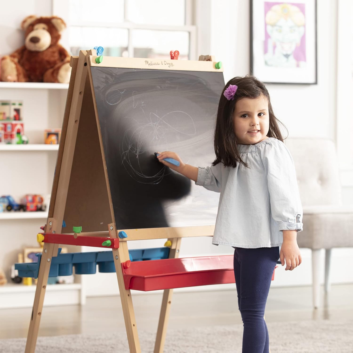 Deluxe Standing Art Easel - Ages 3 - 7, Dry Erase Board, Chalkboard, Rolling Paper Tube