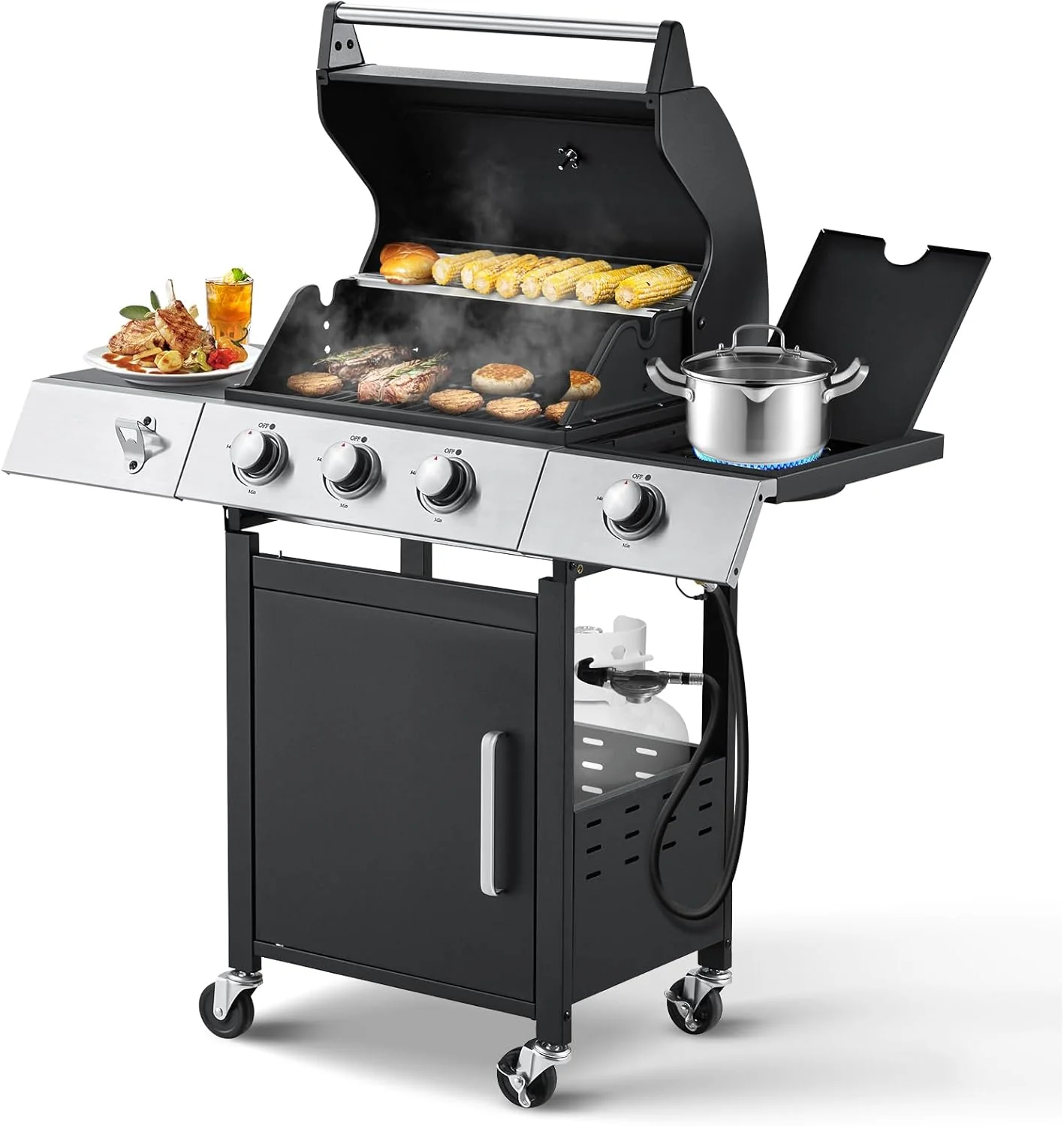 Upgraded 4 Burner BBQ Propane Gas Grill with Cast Iron Grates & Side Stove, 44,000 BTU Stainless Steel Burner Barbecue Grill for Patio, Camping, Outdoor Cooking.