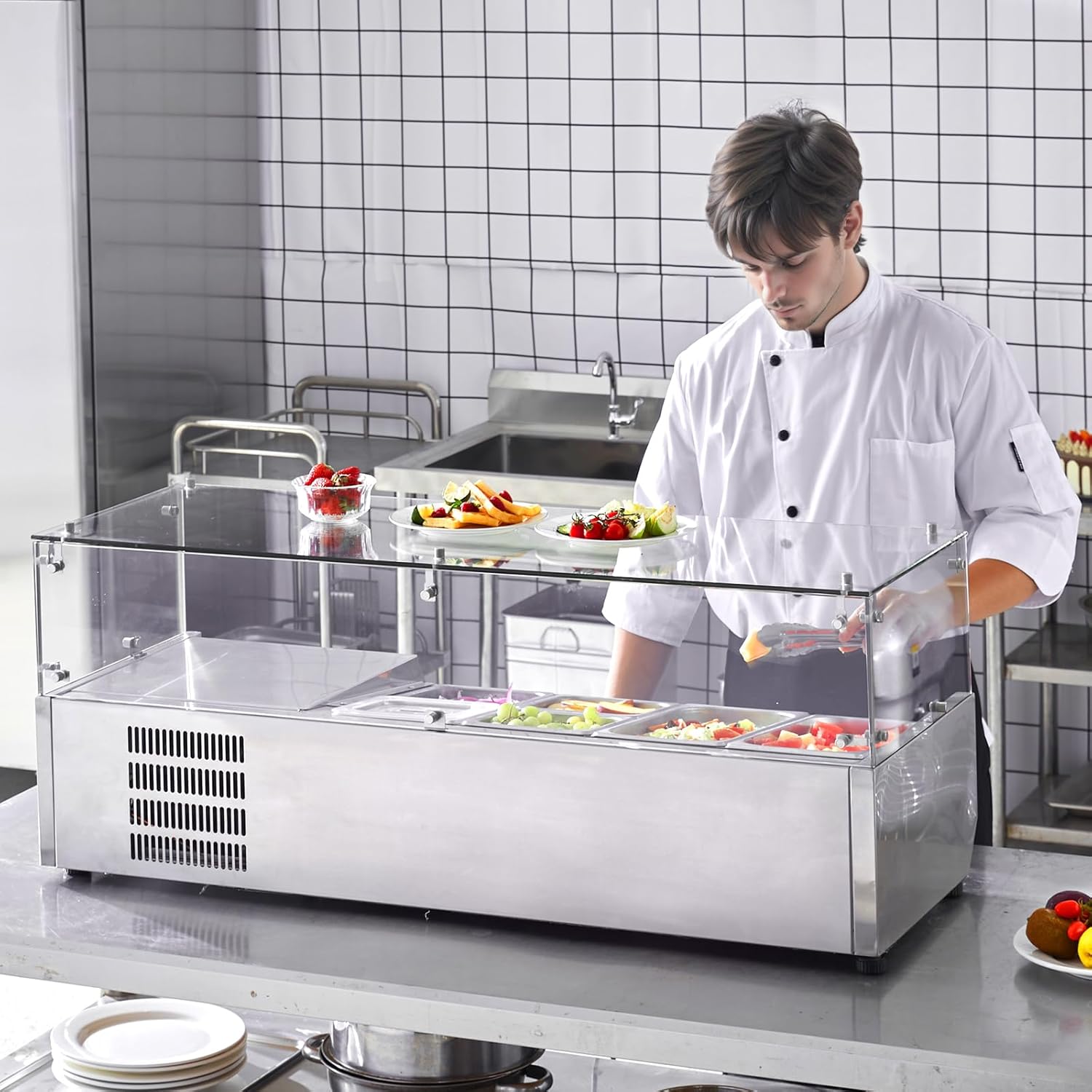 Refrigerated Condiment Prep Station, 135 W Countertop Refrigerated Condiment Station, with 2 1/3 Pans & 4 1/6 Pans, 304 Stainless Body and PC Lid, Sandwich Prep Table with Stainless Guard, ETL