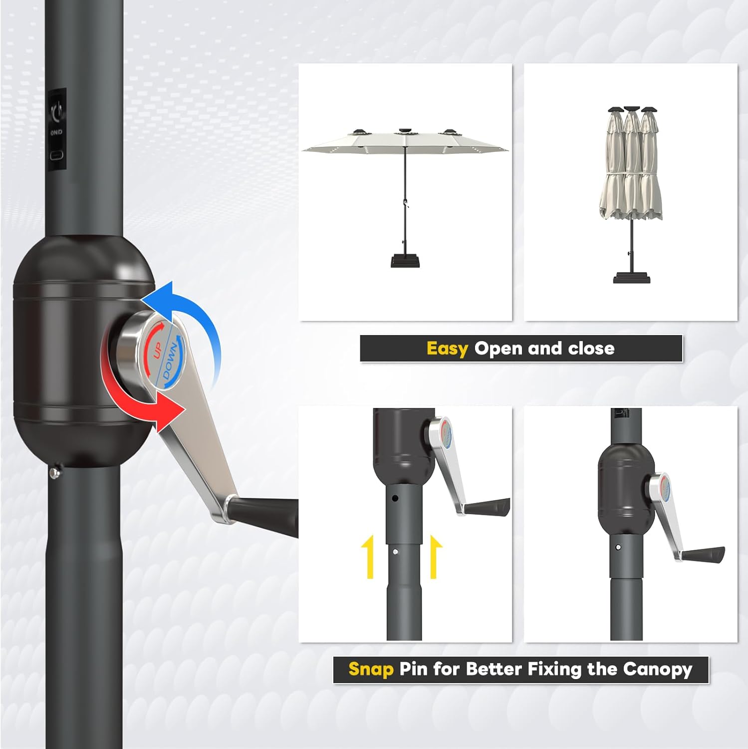 15ft Patio Umbrella with Solar Lights, Large Double Umbrella Outdoor, Rectangle 180''x106'' Umbrellas with 156 PCS LED Lights and Crank Handle for Backyard Deck Pool Shade in Black(1.9