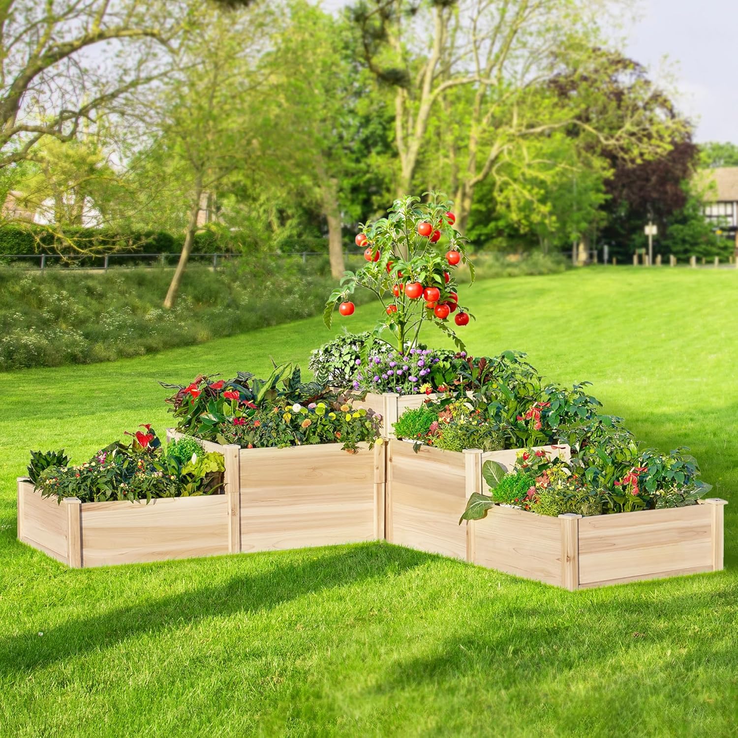 Garden Bed Outdoor Gardening, 28 Inch Depth 3-Tier Wood Planter Box with Cedar Leg, Baseboard, Leakage Hole,Easy Assembled, Ideal for Vegetables, Herbs, Flowers