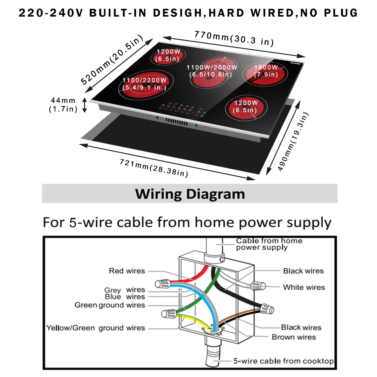Karinear 8400W 30 Inch Electric Cooktop 5 Burners Ceramic Cooktop, 220-240V, Hard Wire, No Plug