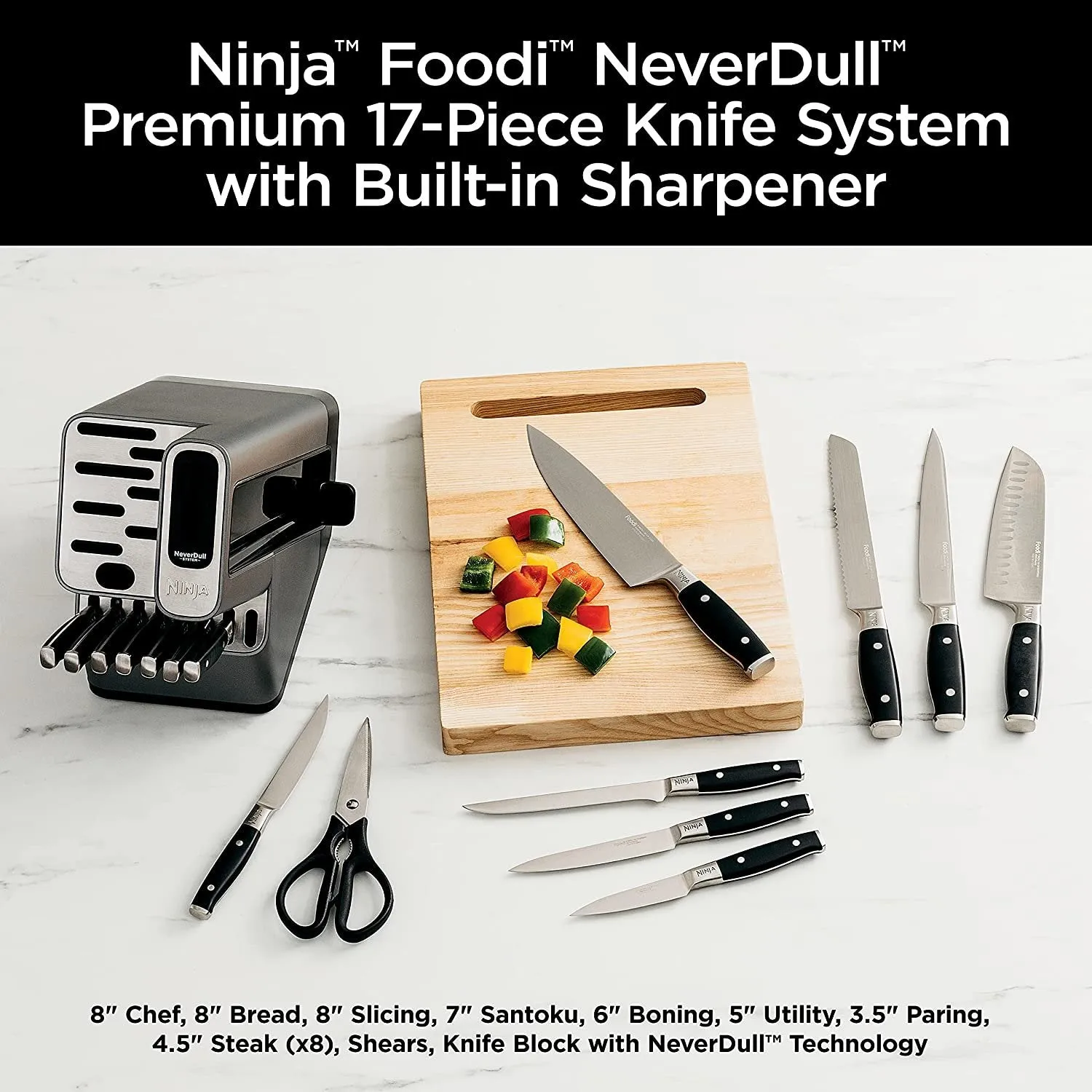 Ninja K32017 Foodi NeverDull 17 Piece Premium Knife System Block Set with Built-in Sharpener, Stainless Steel/Black